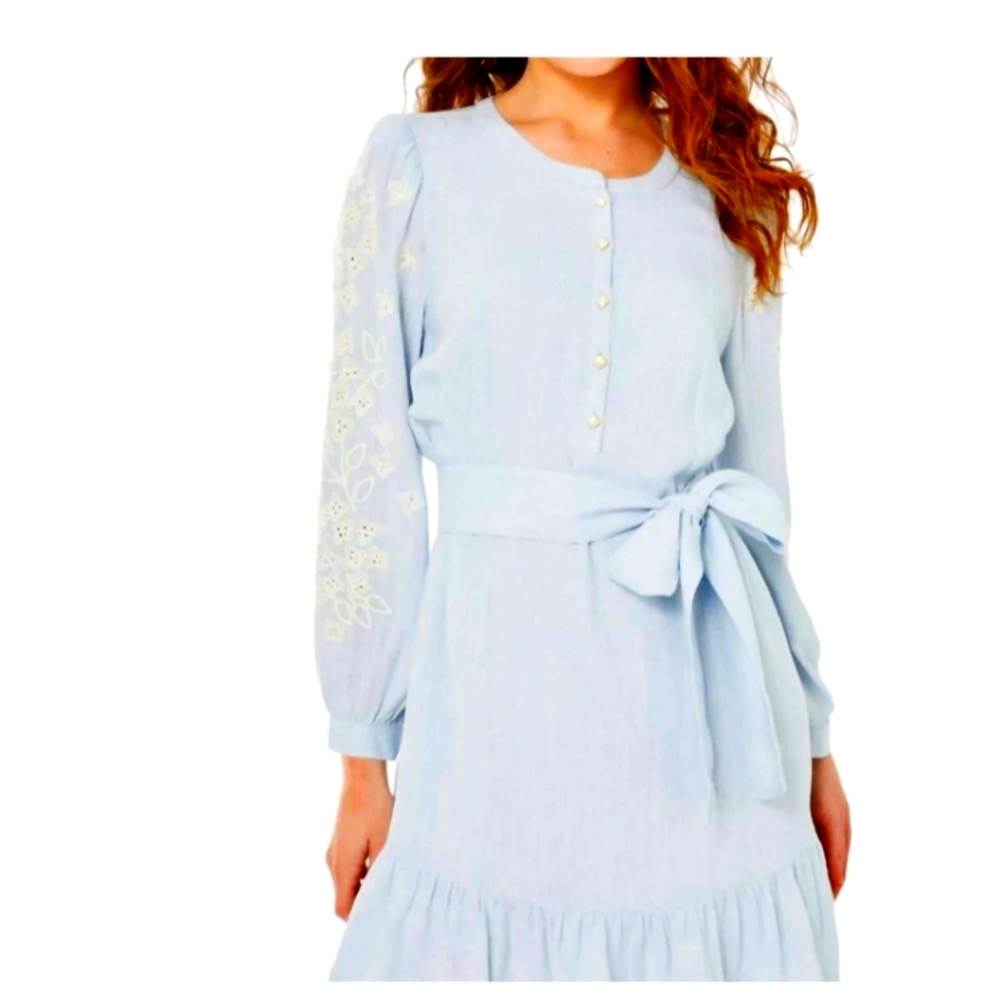 Cartolina Nantucket Long-Sleeve Embroidered Tie-Waist Mini Ruffle Dress  Size XL